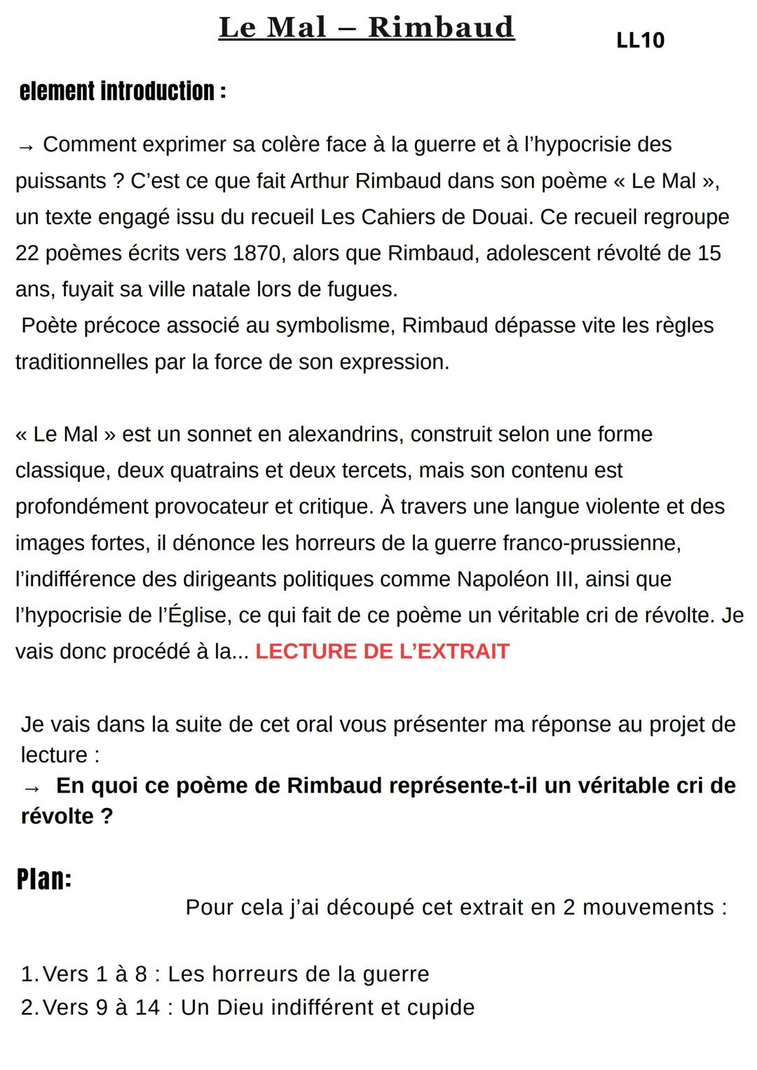 Analyse linéaire "Le Mal" d'Arthur Rimbaud, Cahiers de Douai