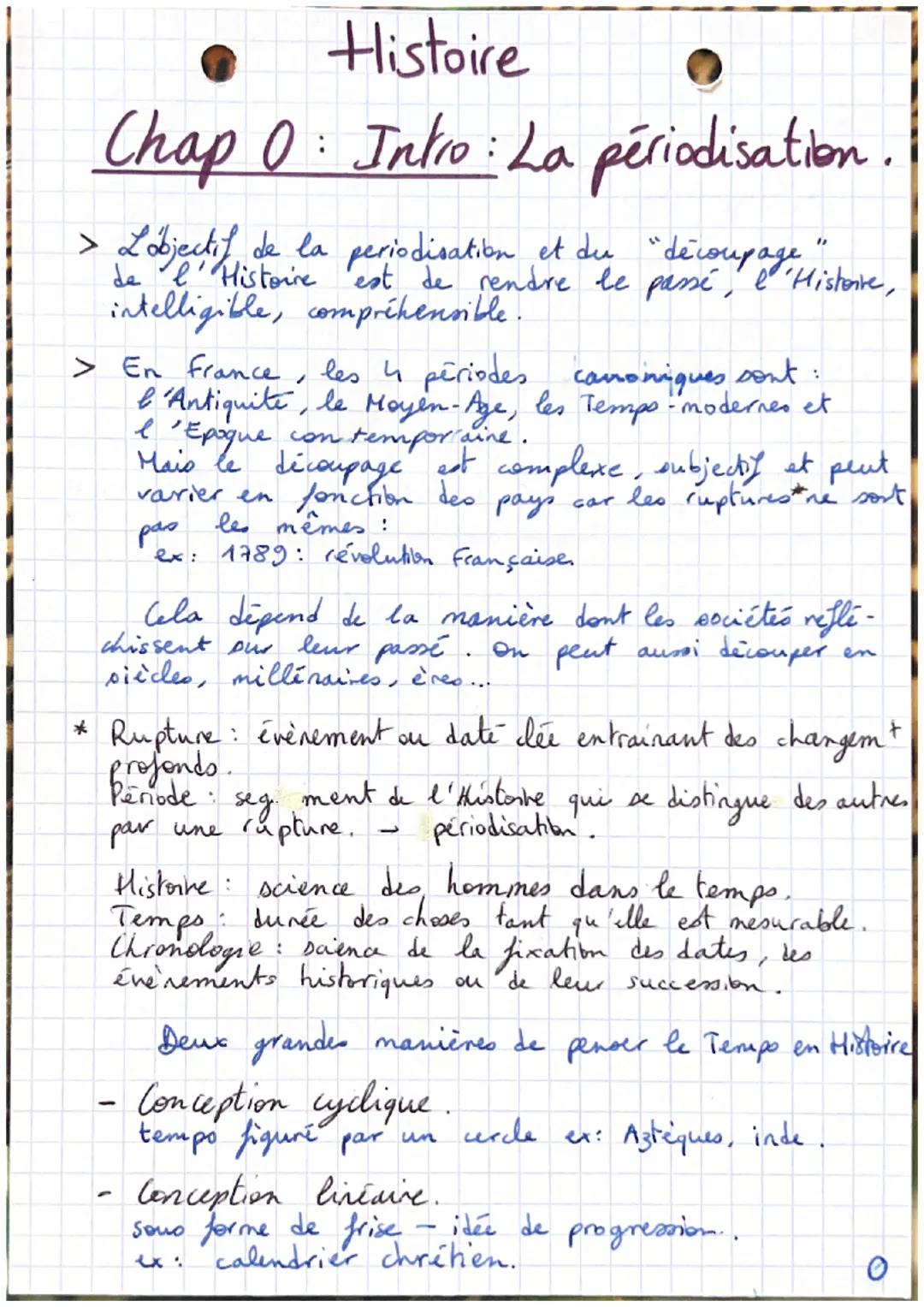Histoire
Chap 0 Intro: La périodisation.
> L'objectif de la periodisation et du "découpage
de l'Histoire est de rendre le passé, l'Histoire,