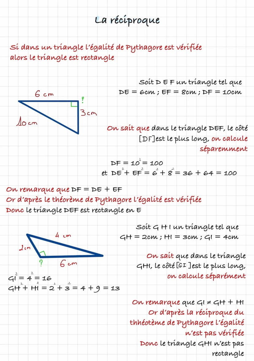 Théorème de Pythagore
si un
vérifiée
triangle est rectangle alors l'égalité de Pythagore est
La longueur de l'hypoténuse au carré est égale 