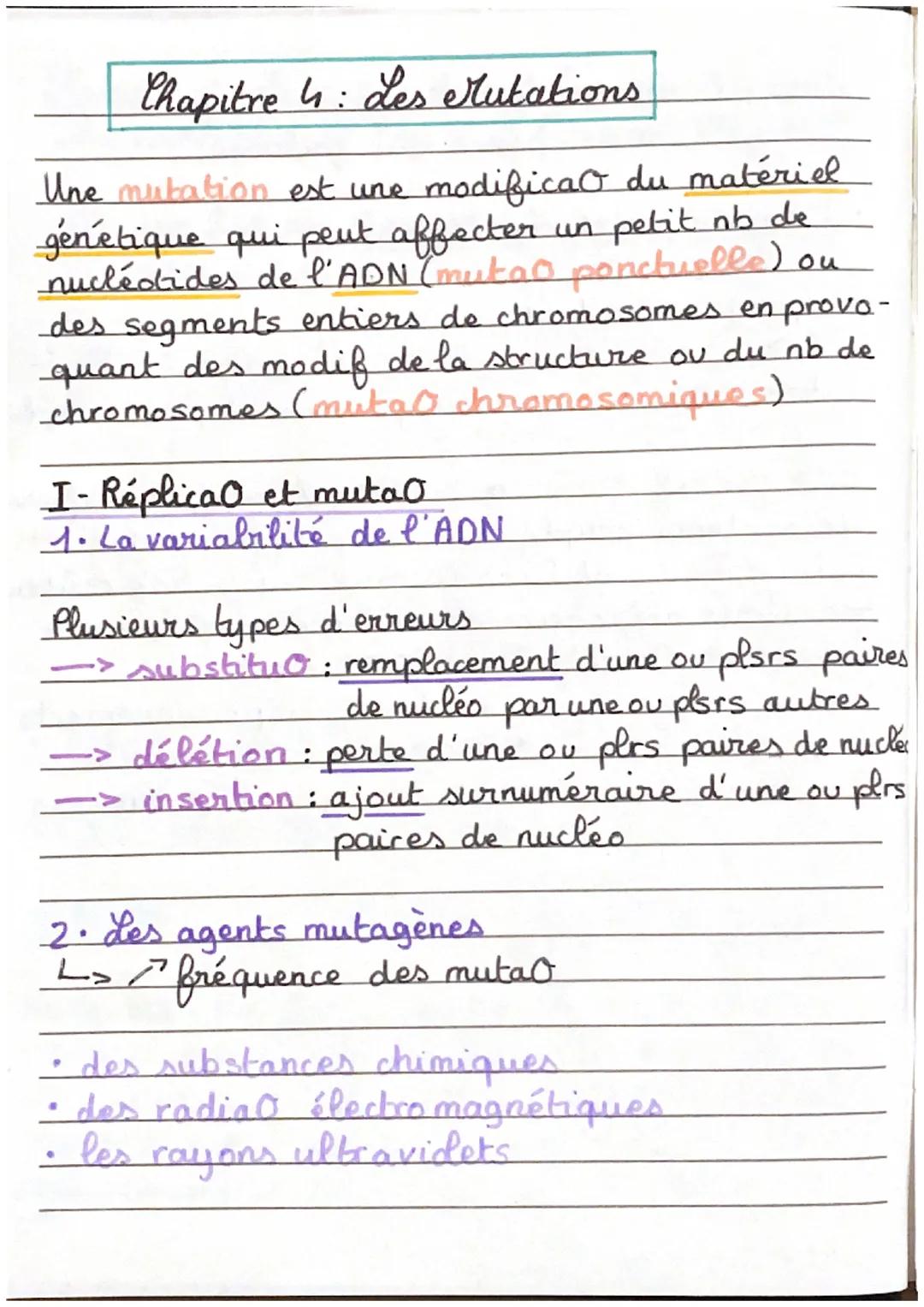 Chapitre 4: Les Mutations
Une mutation est une modifica o du matériel
génétique qui peut affecter
un petit nb de
nucleotides de l'ADN (mutan