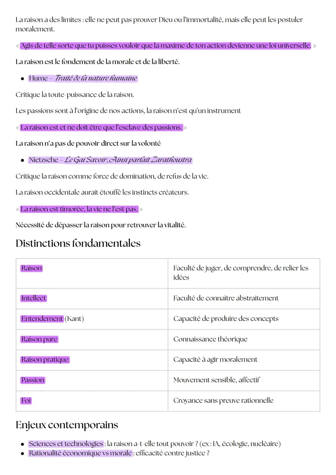 Raison
Faculté de penser de manière logique, cohérente et universelle. Elle permet:
⚫ de comprendre le monde,
⚫ de juger en distinguant le v