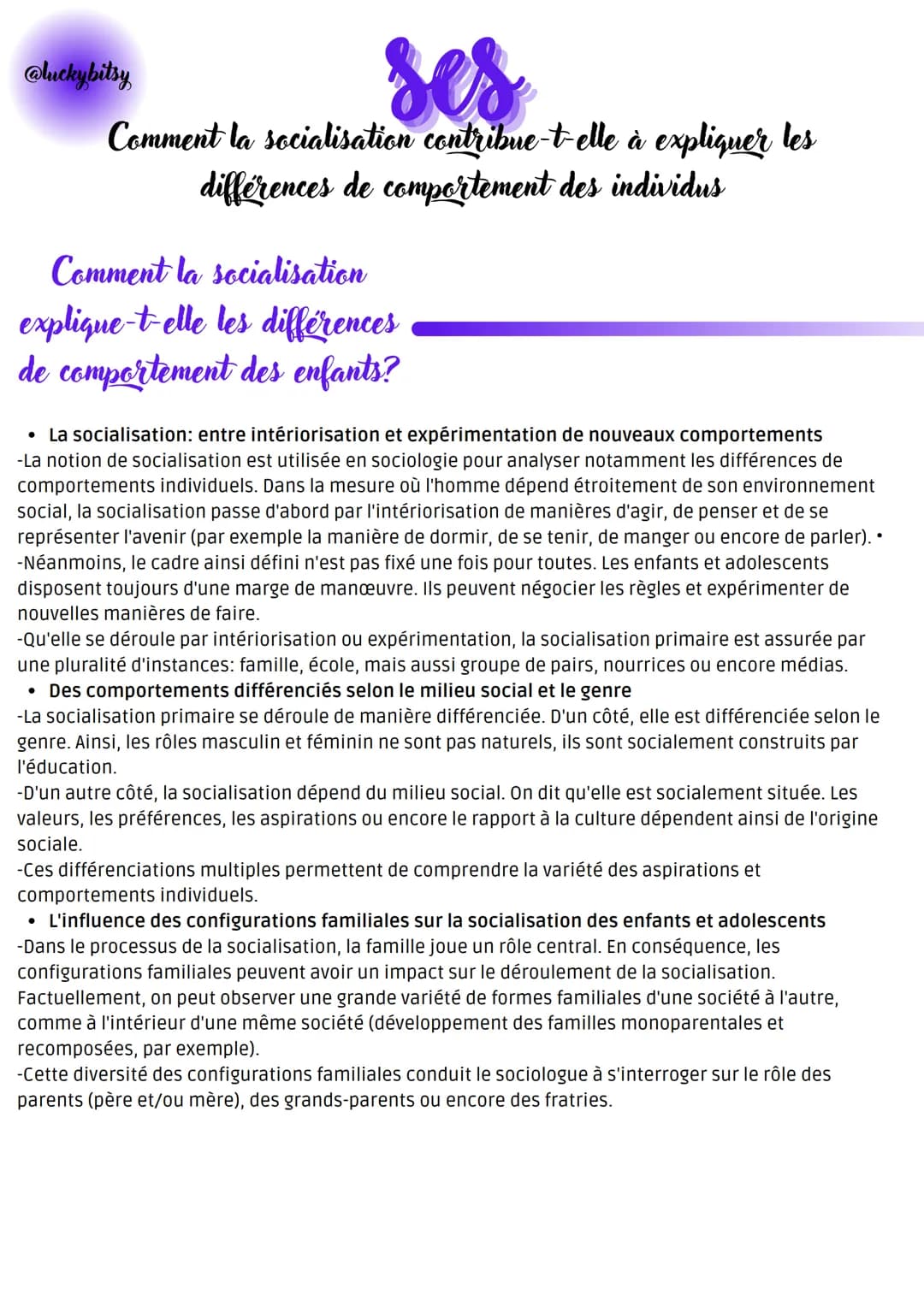ses
Comment la socialisation contribue-t-elle à expliquer les
différences de comportement des individus
luckybitsy
Comment la socialisation
