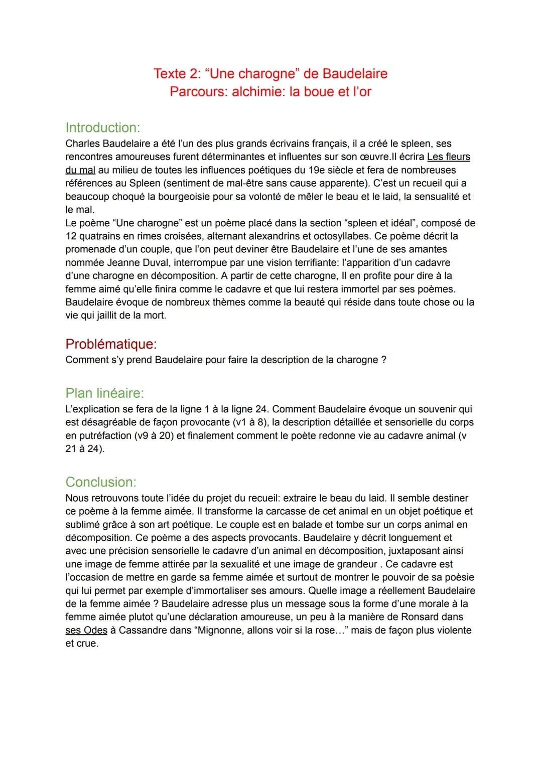 Texte 2: "Une charogne" de Baudelaire
Parcours: alchimie: la boue et l'or
Introduction:
Charles Baudelaire a été l'un des plus grands écriva