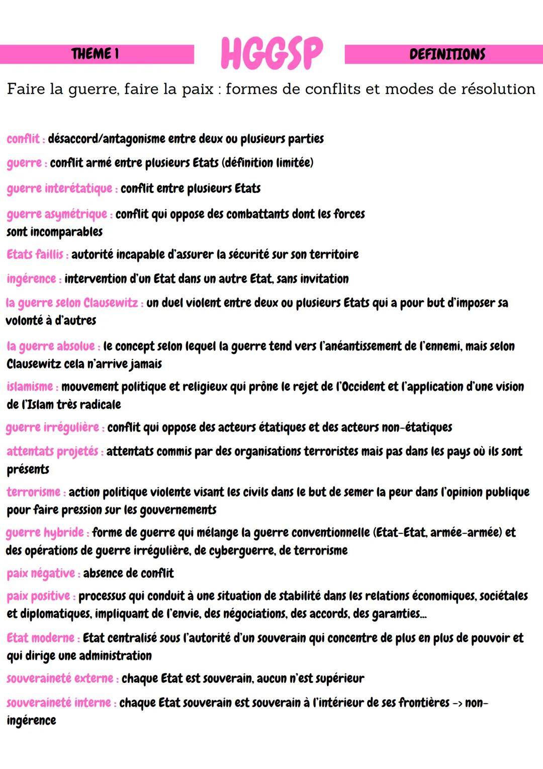 THEME 1
HGGSP
DEFINITIONS
Faire la guerre, faire la paix : formes de conflits et modes de résolution
conflit désaccord/antagonisme entre deu
