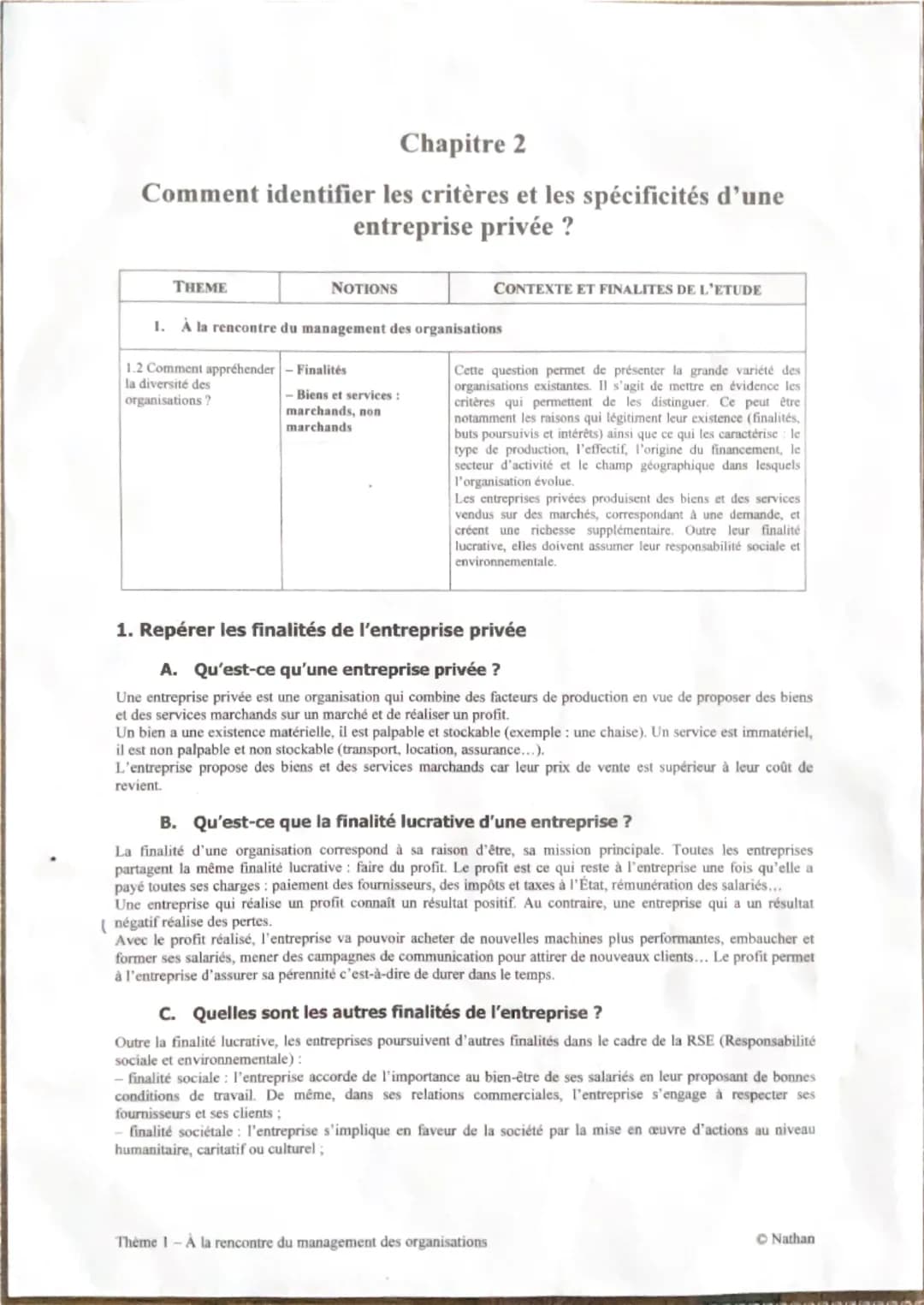 Chapitre 2
Comment identifier les critères et les spécificités d'une
THEME
entreprise privée ?
NOTIONS
CONTEXTE ET FINALITES DE L'ETUDE
1. À