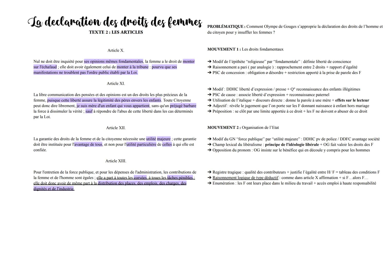La declaration des droits des femmes
TEXTE 2: LES ARTICLES
Article X.
Nul ne doit être inquiété pour ses opinions mêmes fondamentales, la fe