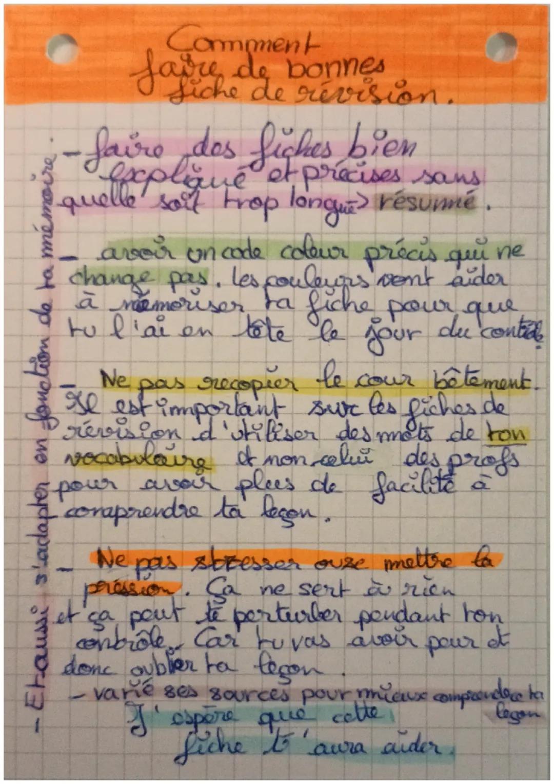 fonction de la mémo
we
Comment
faire de bonnes
Siche de révision.
•faire dos fiches bien
explique et précises sans
quelle soit trop longue r