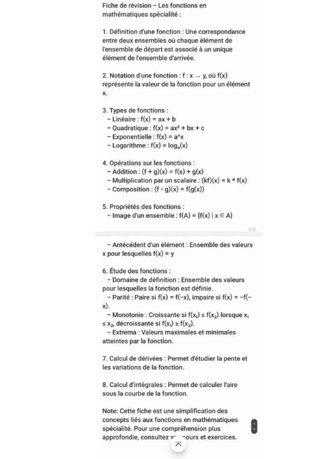 Fiche de révision - Les fonctions en
mathématiques spécialité :
1. Définition d'une fonction : Une correspondance
entre deux ensembles où ch