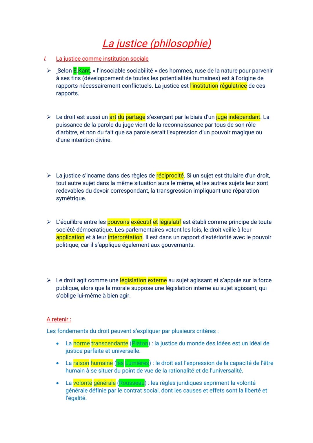 1.
La justice (philosophie)
La justice comme institution sociale
Selon E.Kant, « l'insociable sociabilité » des hommes, ruse de la nature po