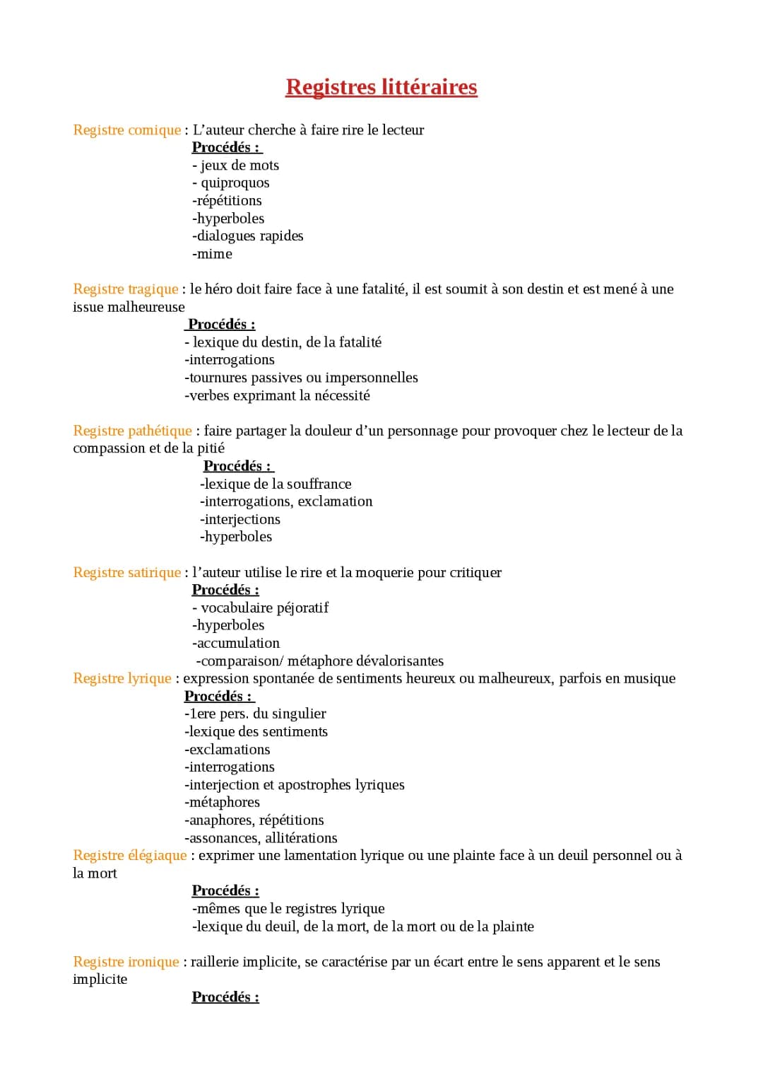 Registres Littéraires: Tableaux, Exercices et PDF pour le Bac
