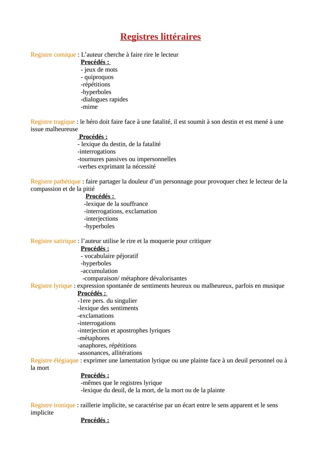 Registres littéraires
Registre comique : L'auteur cherche à faire rire le lecteur
Procédés:
- jeux de mots
- quiproquos
-répétitions
-hyperb