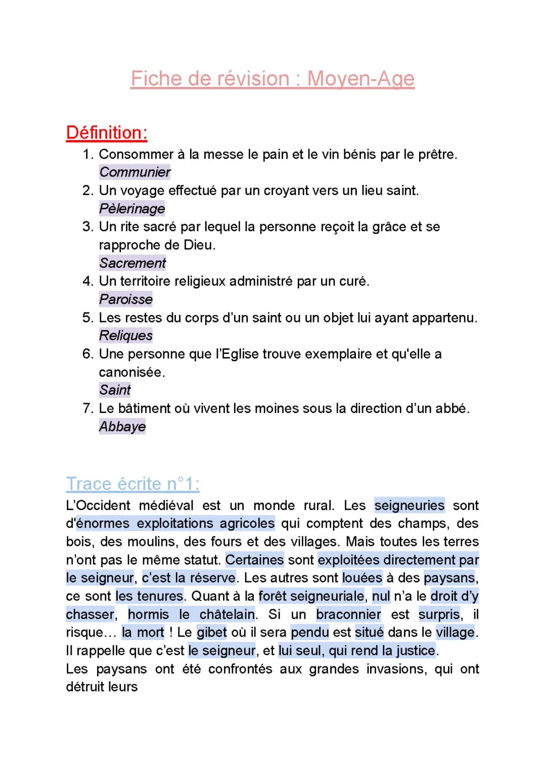 Fiche de révision : La seigneurie et les paysans au Moyen Âge 5ème