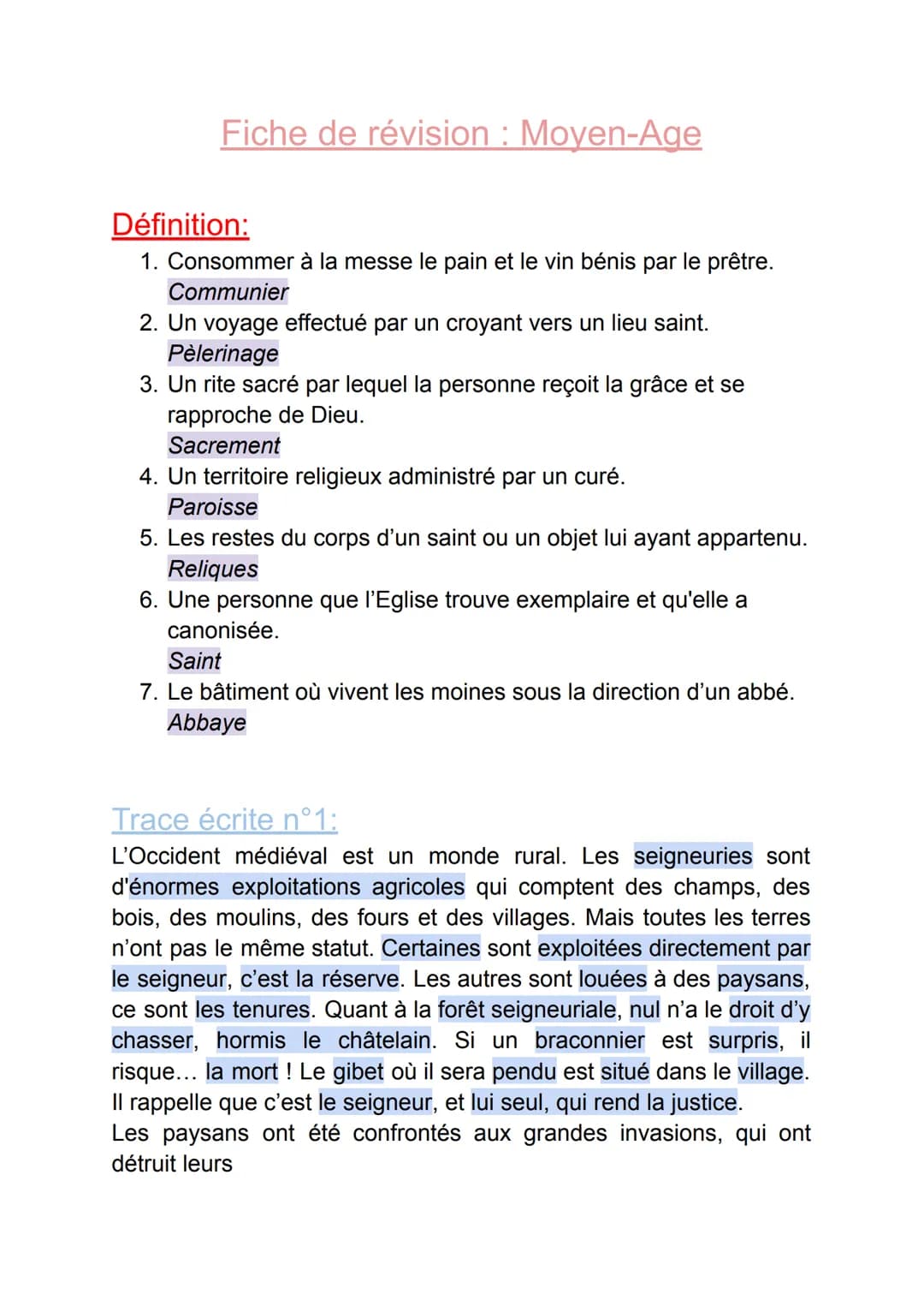 Fiche de révision: Moyen-Age
Définition:
1. Consommer à la messe le pain et le vin bénis par le prêtre.
Communier
2. Un voyage effectué par 