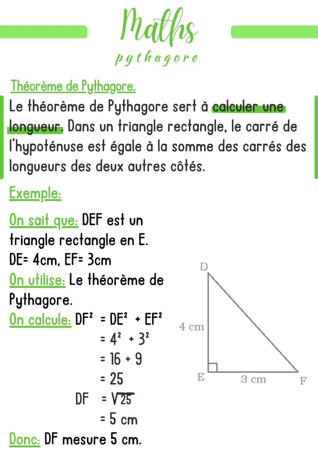 Maths
pythagore
Théorème de Pythagore.
Le théorème de Pythagore sert à calculer une
longueur. Dans un triangle rectangle, le carré de
l'hypo