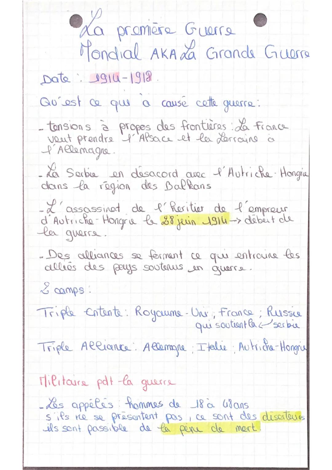Fiche de révision sur la première Guerre Mondiale 