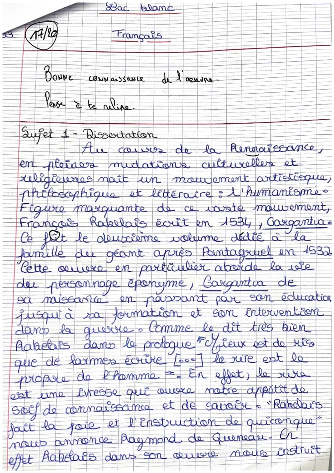17/20
BONNE
Bac blanc
Français
Connaissance
de l'oeuvre.
Pense à te reline.
Sujet 1 - Dissertation
Au cours de la Rennaissance,
en pleines m