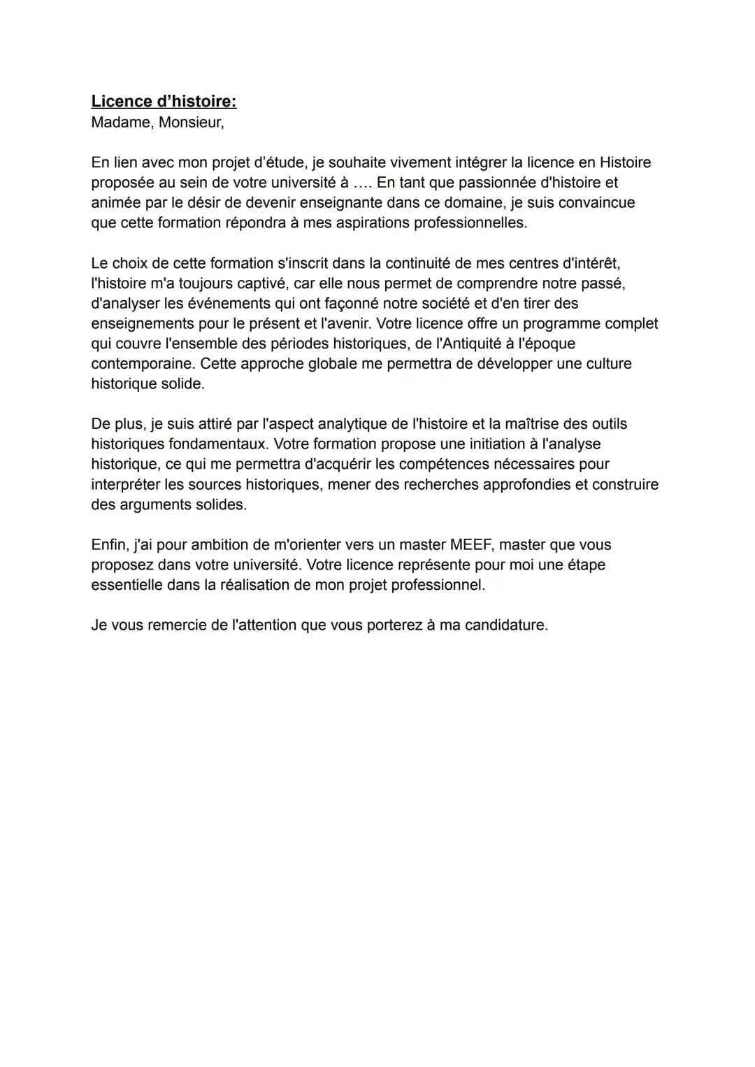 Projet motivé / Lettre de motivation Parcoursup Licence d'Histoire