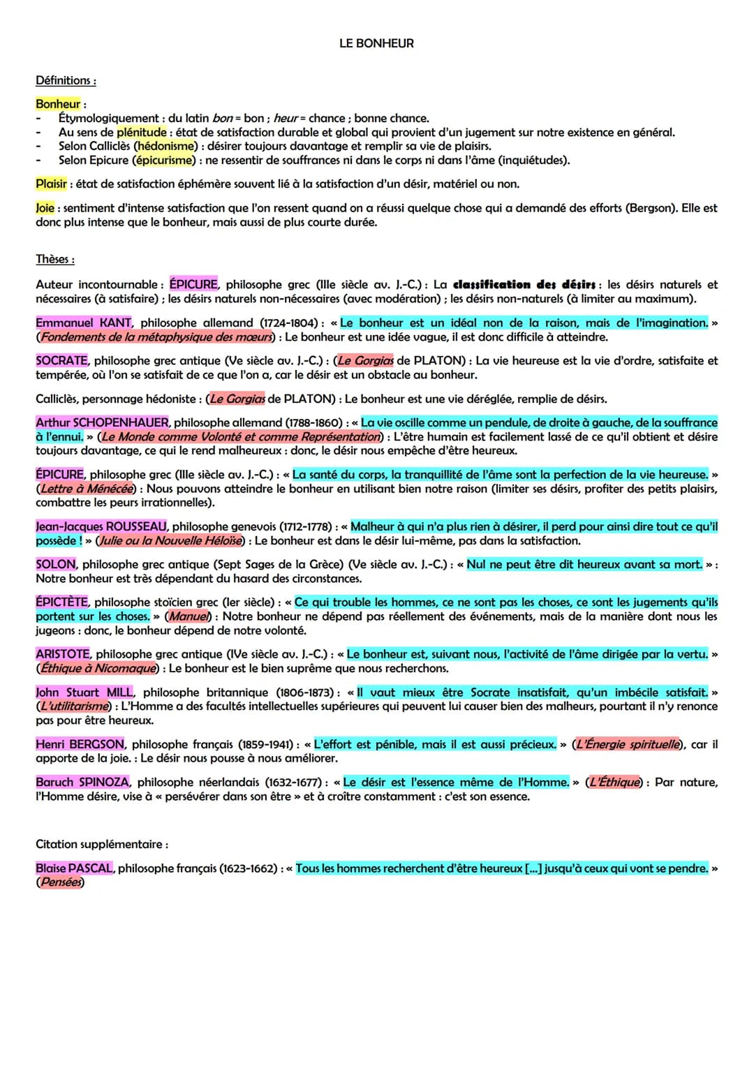 LE BONHEUR
Définitions:
Bonheur :
Étymologiquement : du latin bon = bon; heur = chance; bonne chance.
Au sens de plénitude : état de satisfa