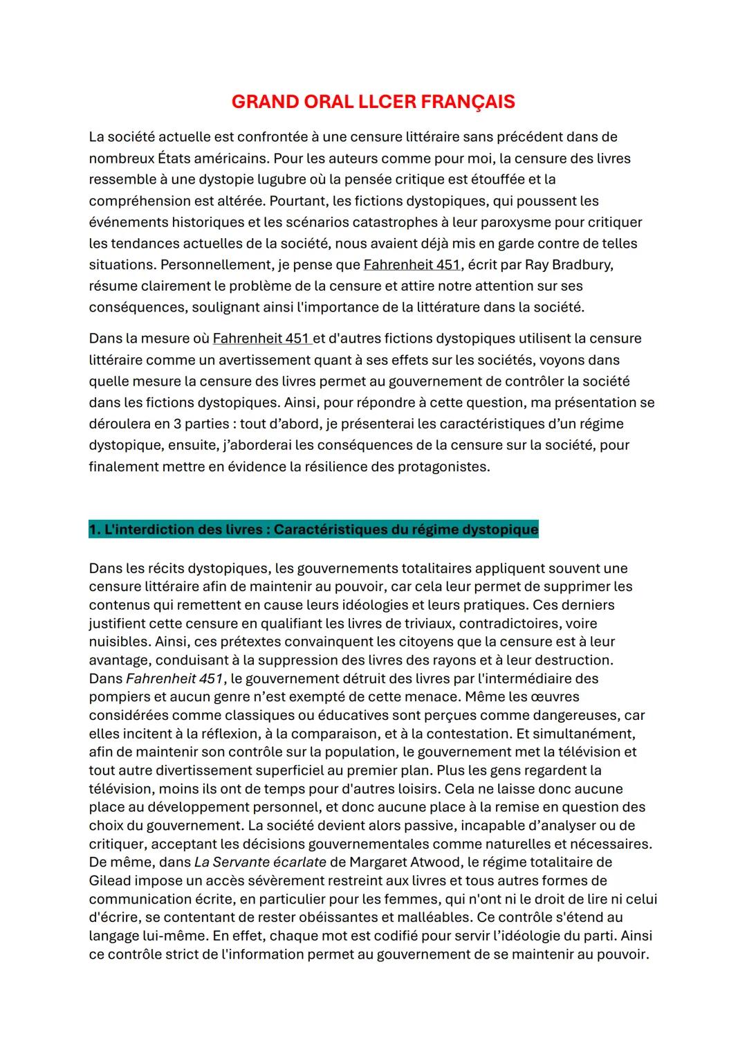 GRAND ORAL LLCER FRANÇAIS
La société actuelle est confrontée à une censure littéraire sans précédent dans de
nombreux États américains. Pour