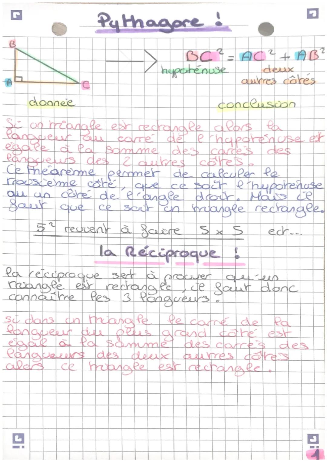 B
# Pythagore!

C

donnée

$
BC² = AC² + AB²
$

hypotenuse

deux
autres côtés

conclusion

Se on briangle est recrangle alors la
langueur au