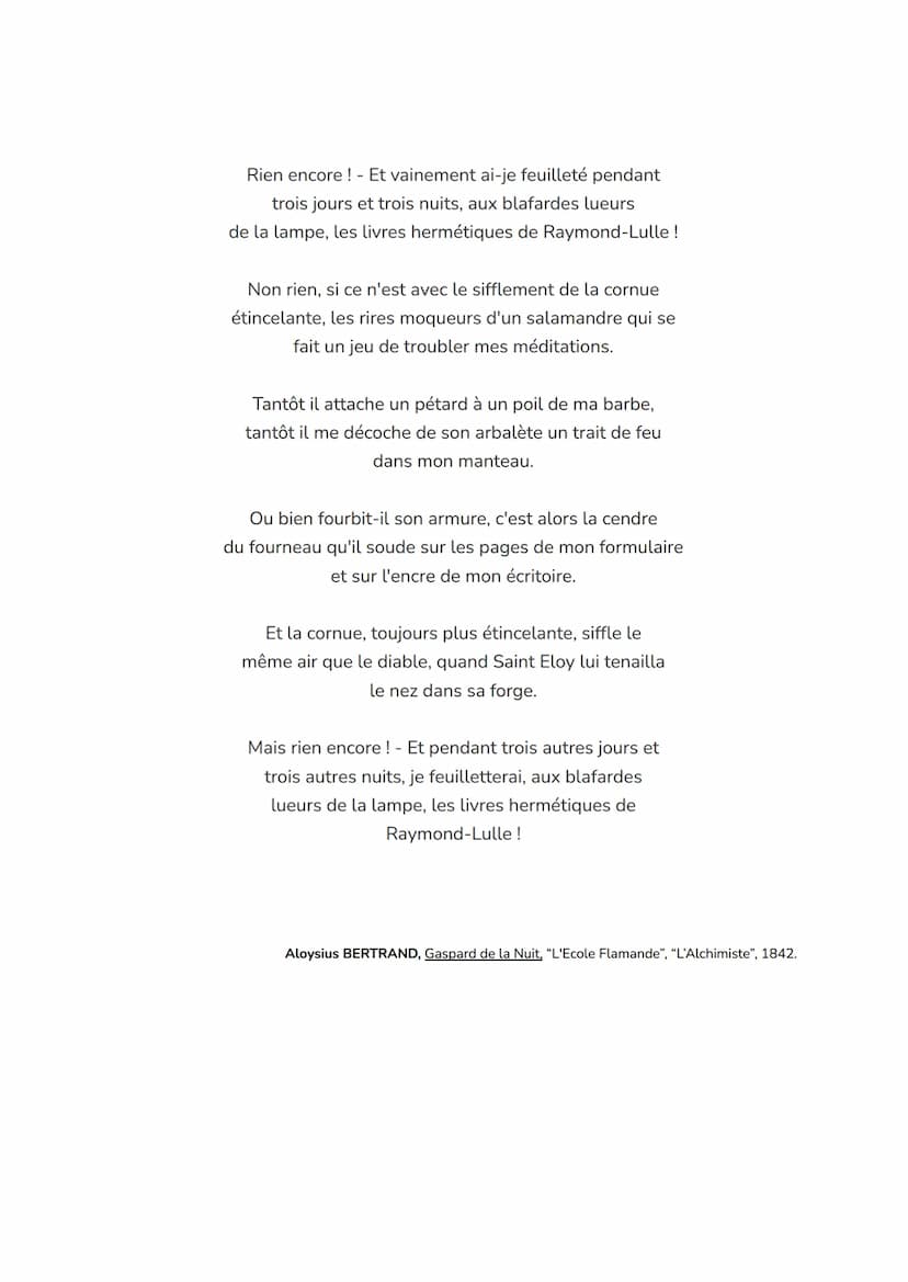 L'ALCHIMISTE DE ALOYSIUS BERTRAND.
L'extrait étudié est "L'Alchimiste", 8ème poème du livre L'Ecole Flamande. Le livre
ainsi que l'extrait f