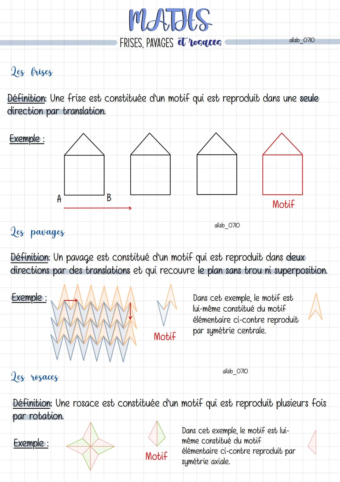 Les frises
MATHS
FRISES, PAVAGES et rosaces
Définition: Une frise est constituée d'un motif qui est reproduit dans une seule
direction par t