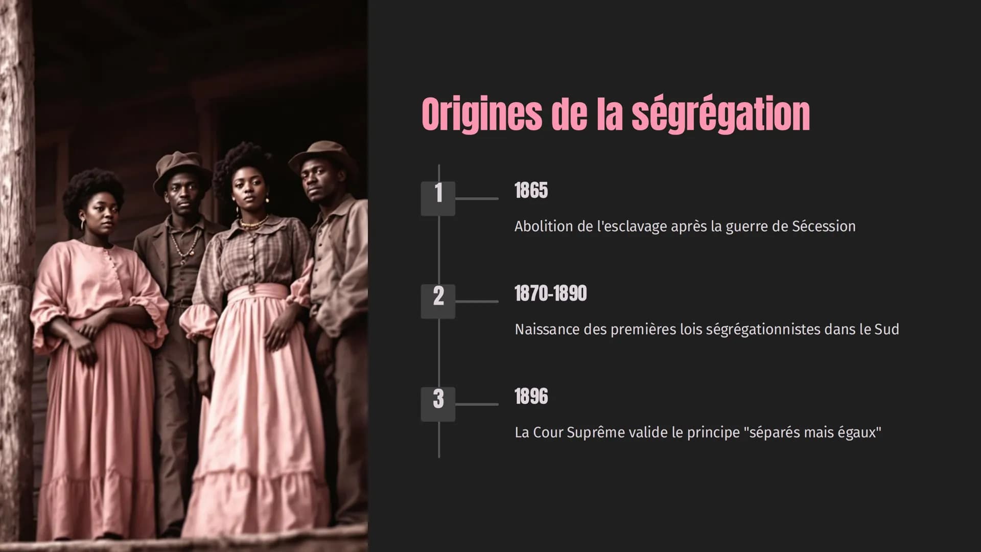 # Origines de la ségrégation

1
1865
Abolition de l'esclavage après la guerre de Sécession

2
1870-1890
Naissance des premières lois ségréga