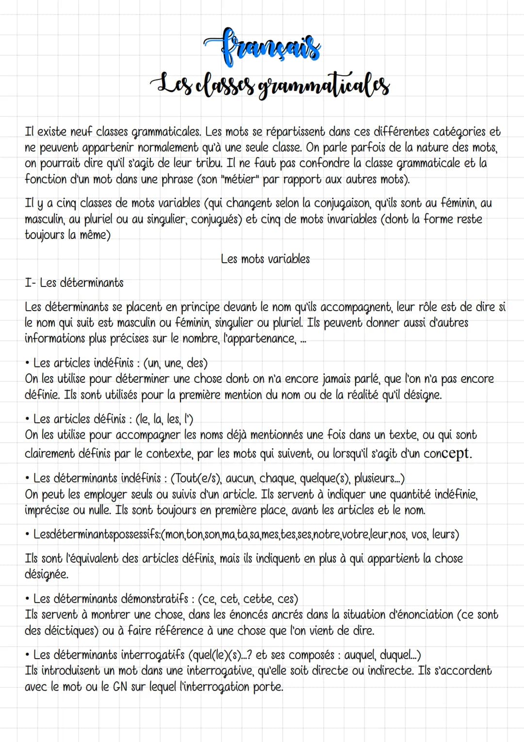 français
Les classes grammaticales
Il existe neuf classes grammaticales. Les mots se répartissent dans ces différentes catégories et
ne peuv