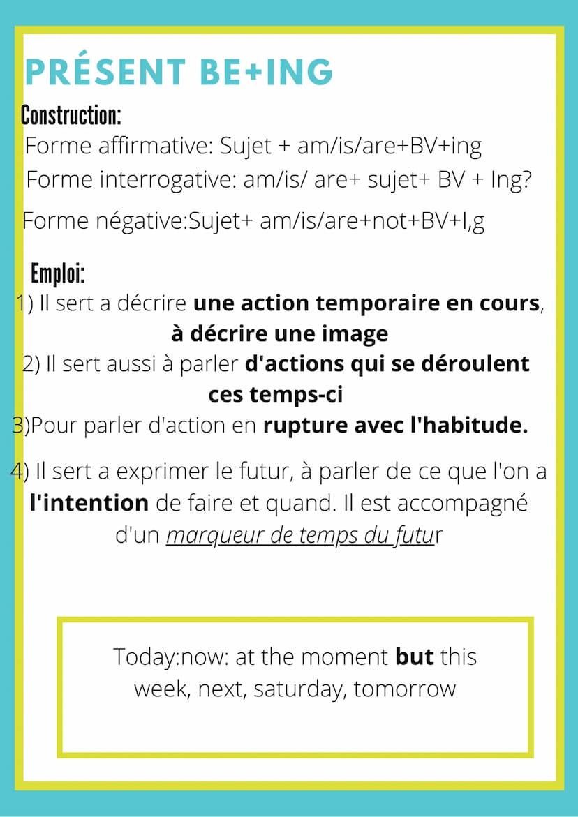 ANGLAIS
PRESENT SIMPLE
Construction:
Forme négative:Sujet+don't/doesn't+BV
Forme interrogative: Do/ does+ sujet +BV?
Forme affirmative: Suje