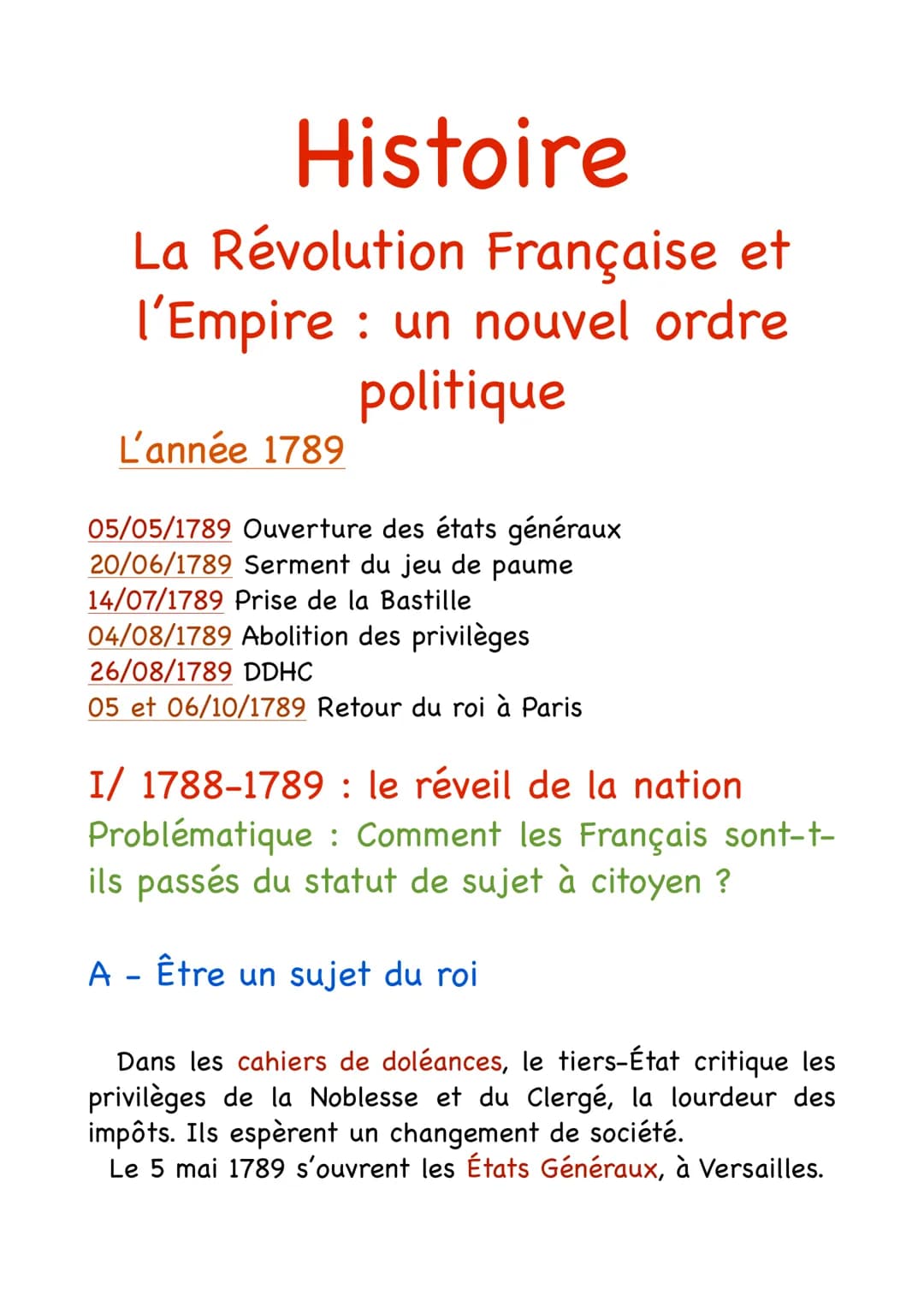 Histoire
La Révolution Française et
l'Empire : un nouvel ordre
politique
L'année 1789
05/05/1789 Ouverture des états généraux
20/06/1789 Ser