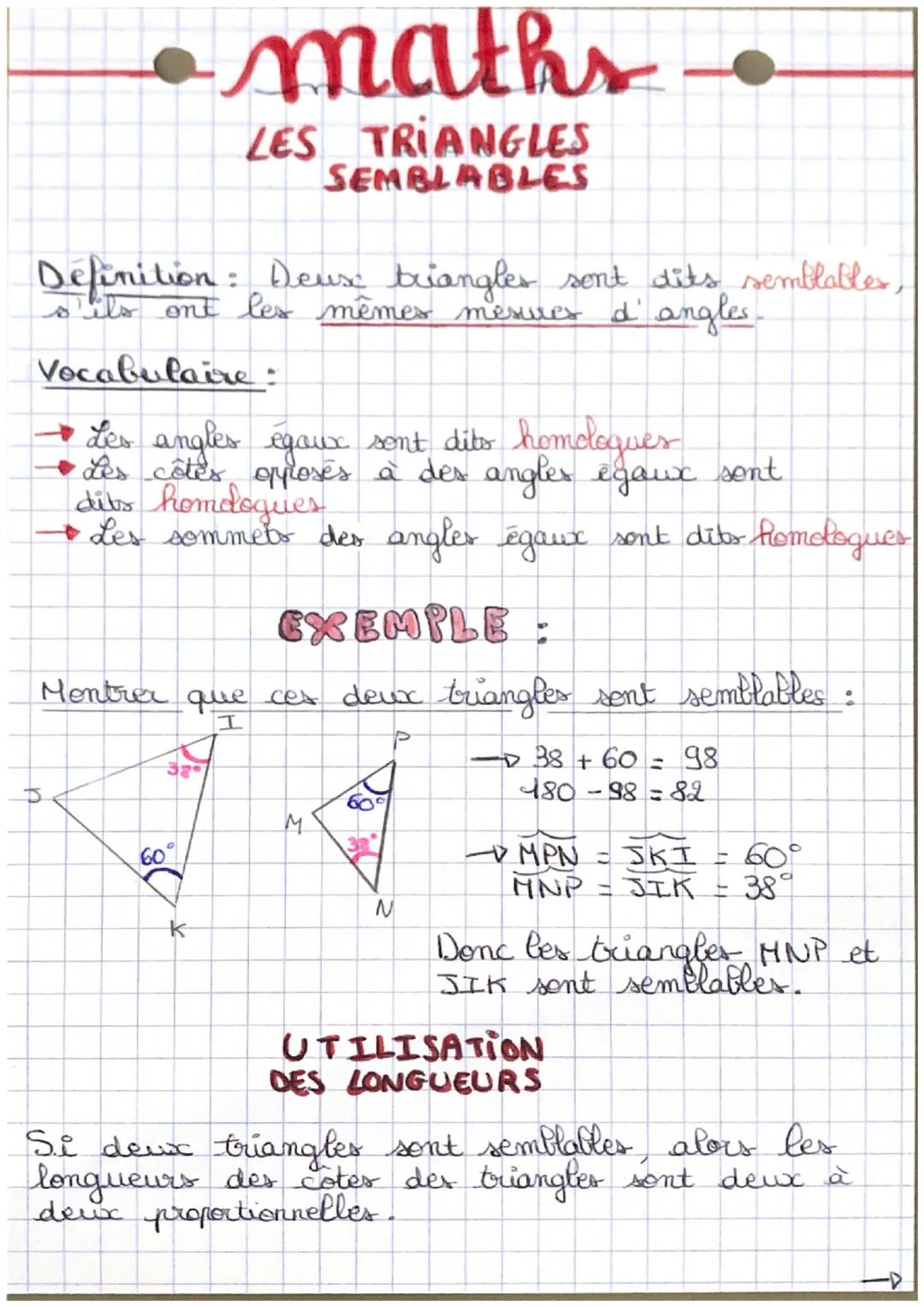 # maths・

LES TRIANGLES
SEMBLABLES

Définition: Deux triangles sont dits semblables,
s'ils ont les mêmes mesues d' angles-

Vocabulaire.

→ 