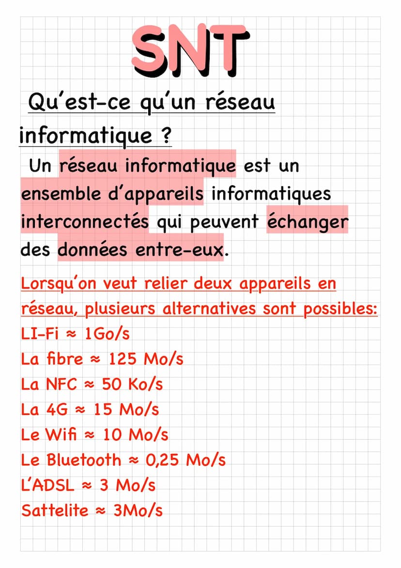 SNT
Qu'est ce qu'un bit ?
Un bit est l'unité de base de quantité
d'information pour les ordinateurs
Un octet (o) est une unité
correspondant