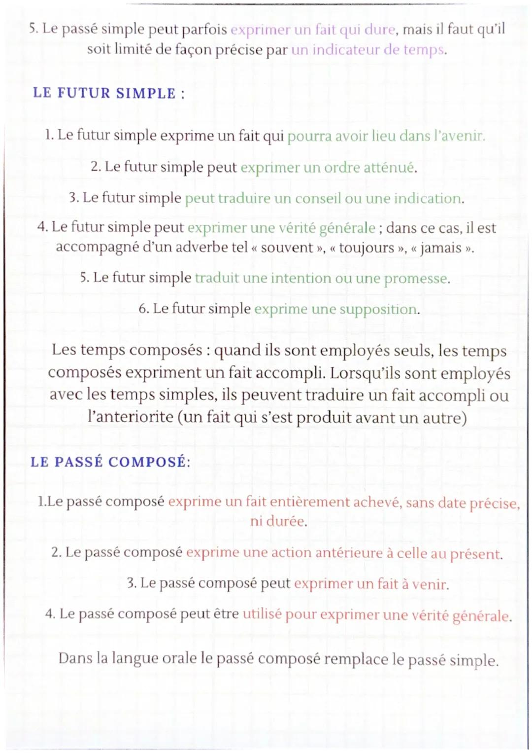 # Français
LES VALEURS DES TEMPS

L'IMPARFAIT:

1. Il exprime un fait passé mais non achevé, en train de se réaliser pendant
qu'une autre ac