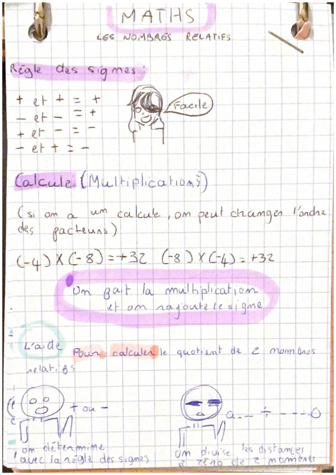 MATHS
LES NOMBRES RELATIFS

Règle des sigmes.
+ et + = +
- et - = +
+ et - = -
-et + = -

Facile

Calcule (Multiplications)
(si om a um calc
