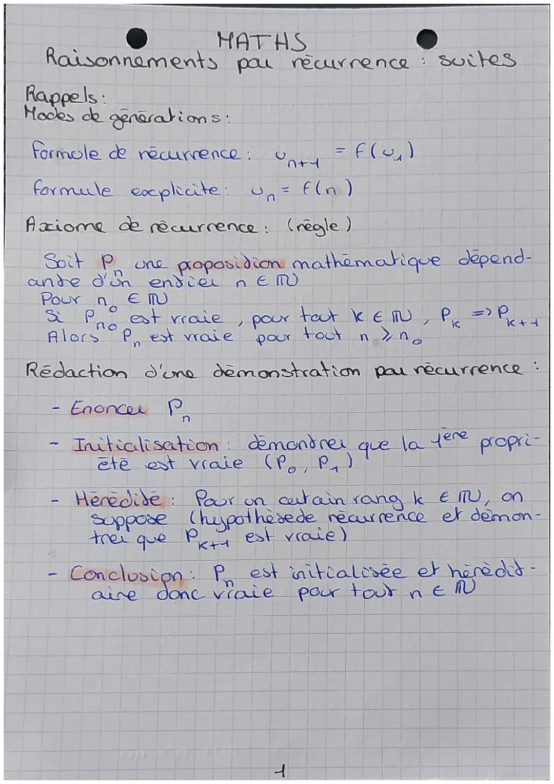 MATHS
Raisonnements pou récurrence : suites
Rappels:
Modes de générations:
formule de recurrence:
on
formule explicite: un₁ = f(n)
Axiome de