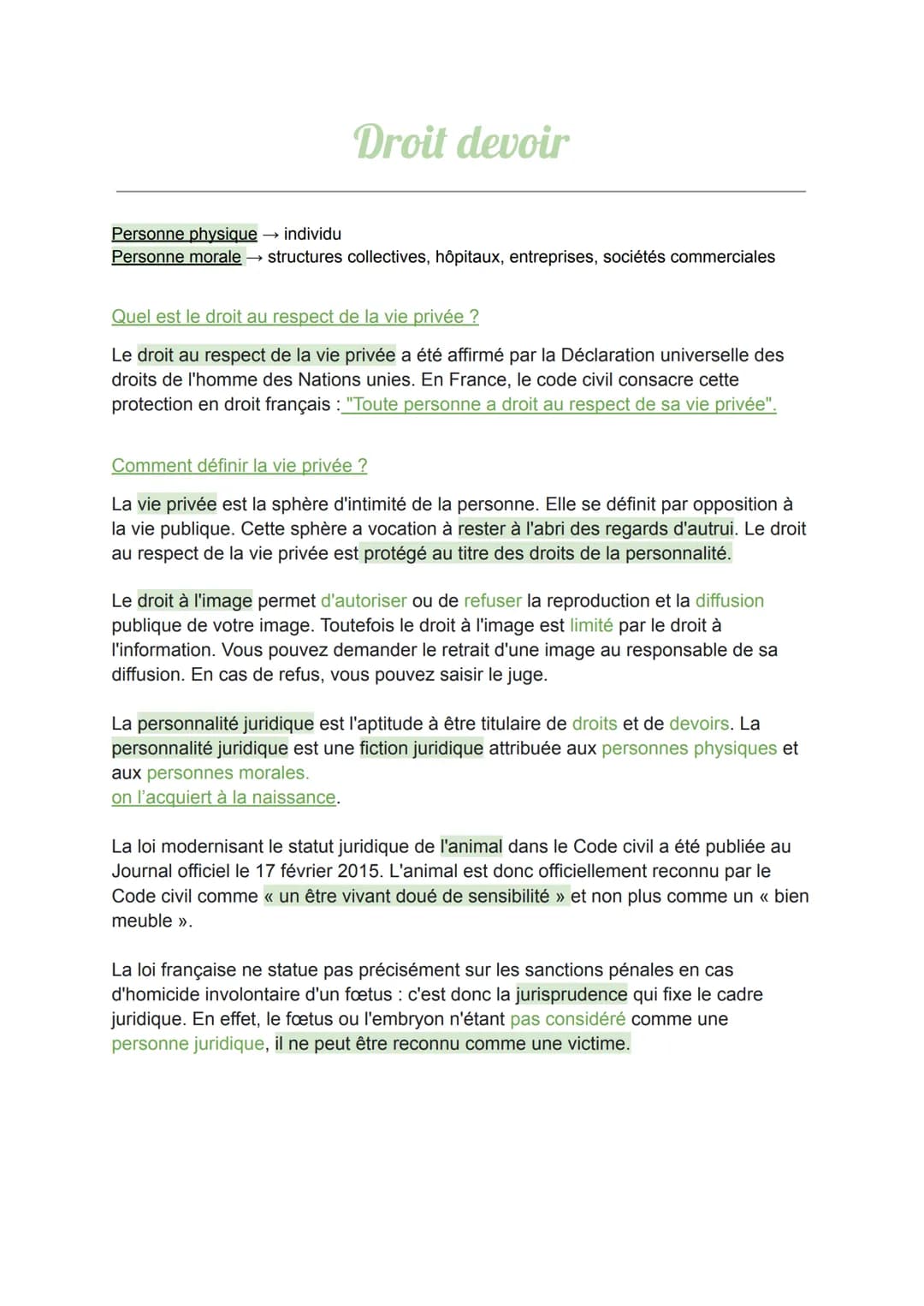 Droit devoir
Personne physique → individu
Personne morale → structures collectives, hôpitaux, entreprises, sociétés commerciales
Quel est le