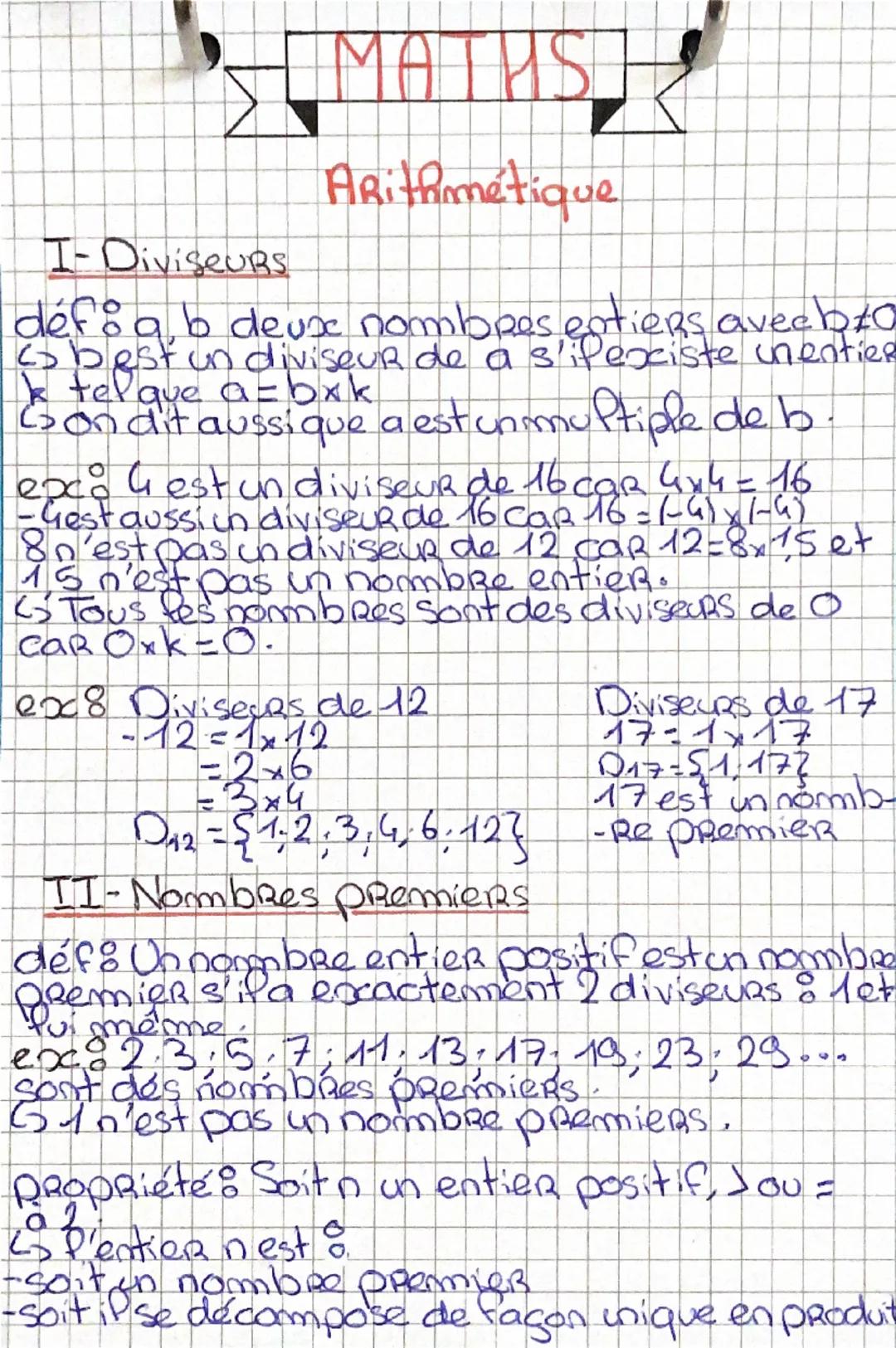 I-Diviseurs
MATHS
Arithmétique
déf:a, b deux nombres entiers aveeb≠0
best un diviseur de a s'il existe un entier
k tel que a=bxk
On dit auss