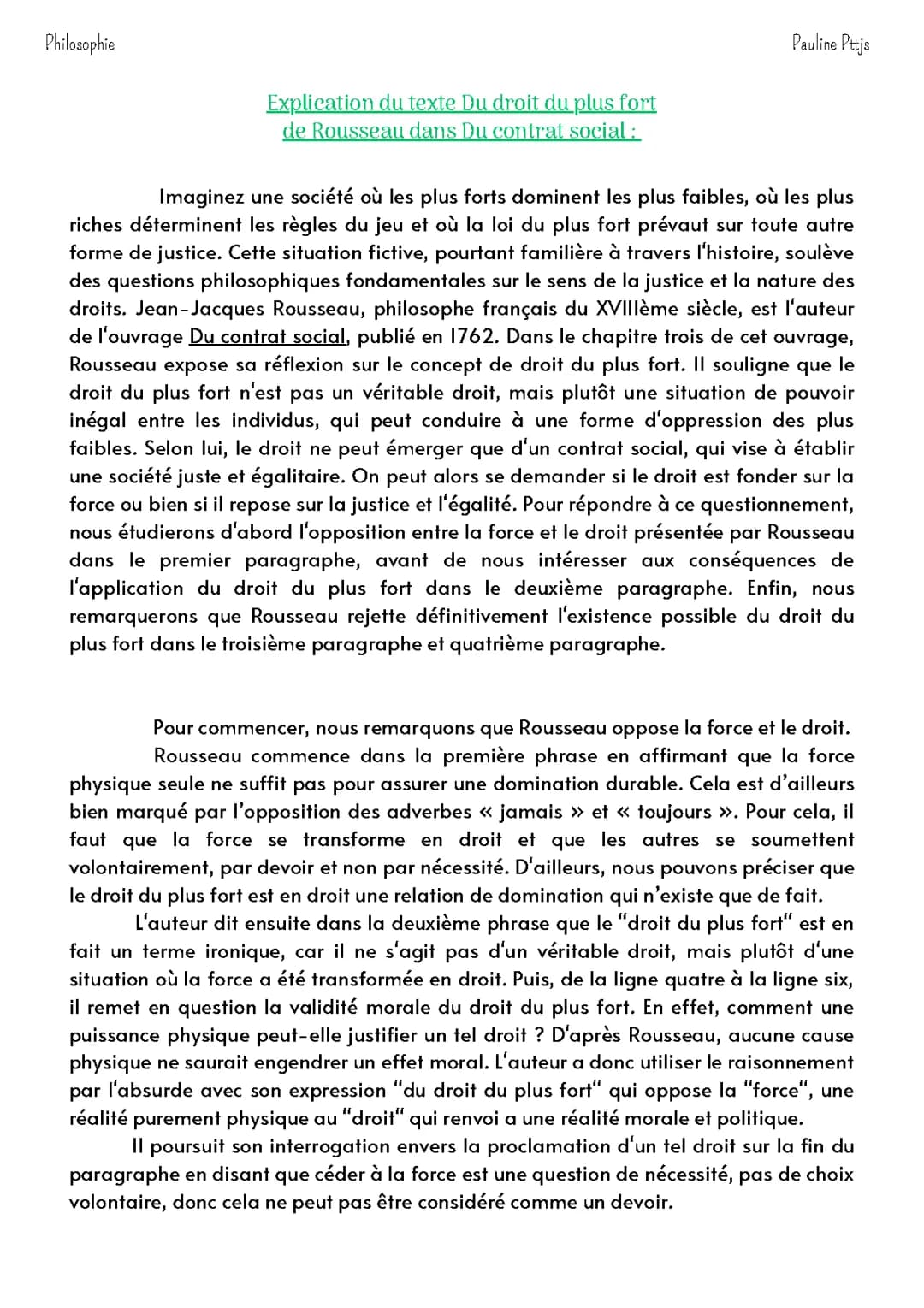 Explication du texte Du droit du plus fort dans Du contrat social de Rousseau 