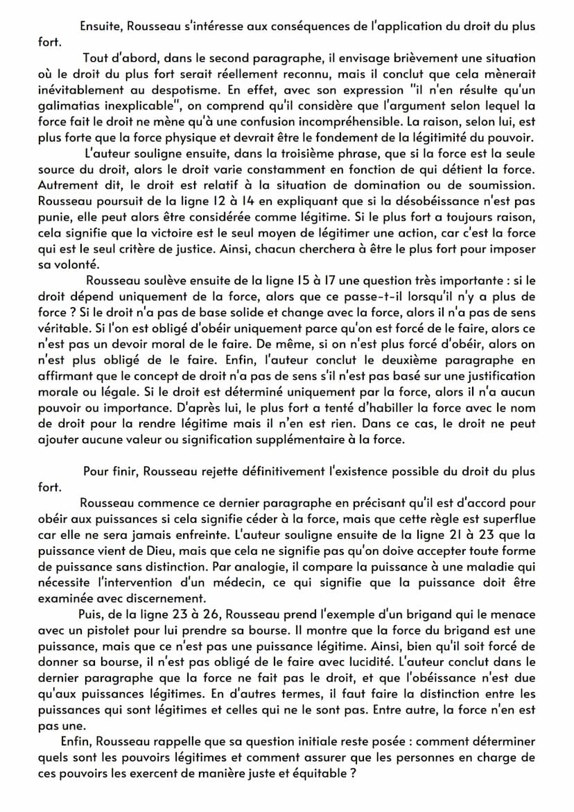Philosophie
Explication du texte Du droit du plus fort
de Rousseau dans Du contrat social :
Pauline Pttjs
Imaginez une société où les plus f