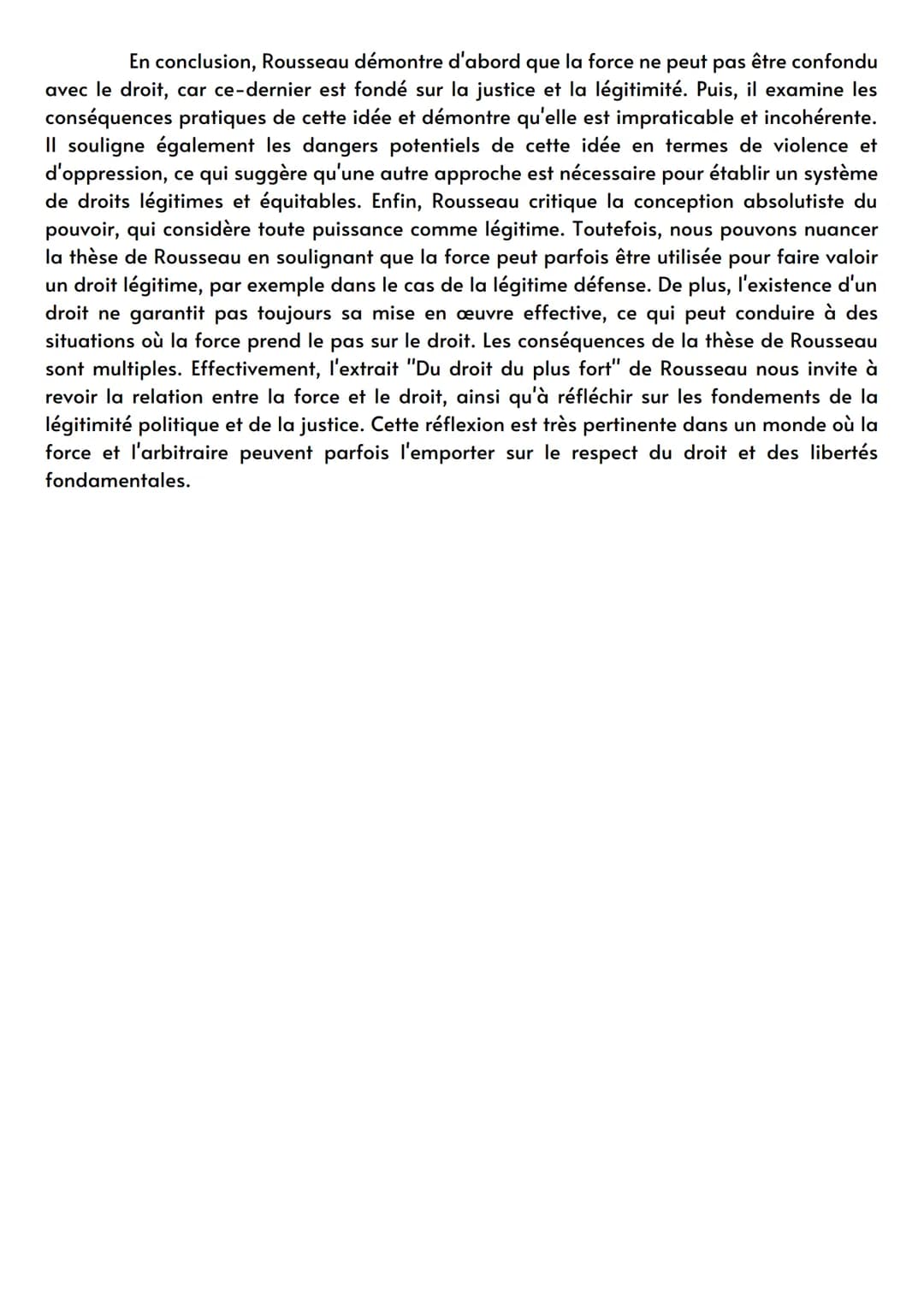 Philosophie
Explication du texte Du droit du plus fort
de Rousseau dans Du contrat social :
Pauline Pttjs
Imaginez une société où les plus f