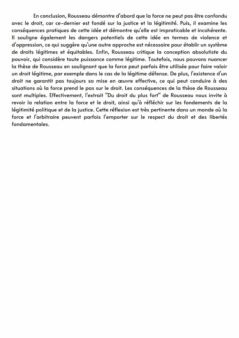 Philosophie
Explication du texte Du droit du plus fort
de Rousseau dans Du contrat social :
Pauline Pttjs
Imaginez une société où les plus f