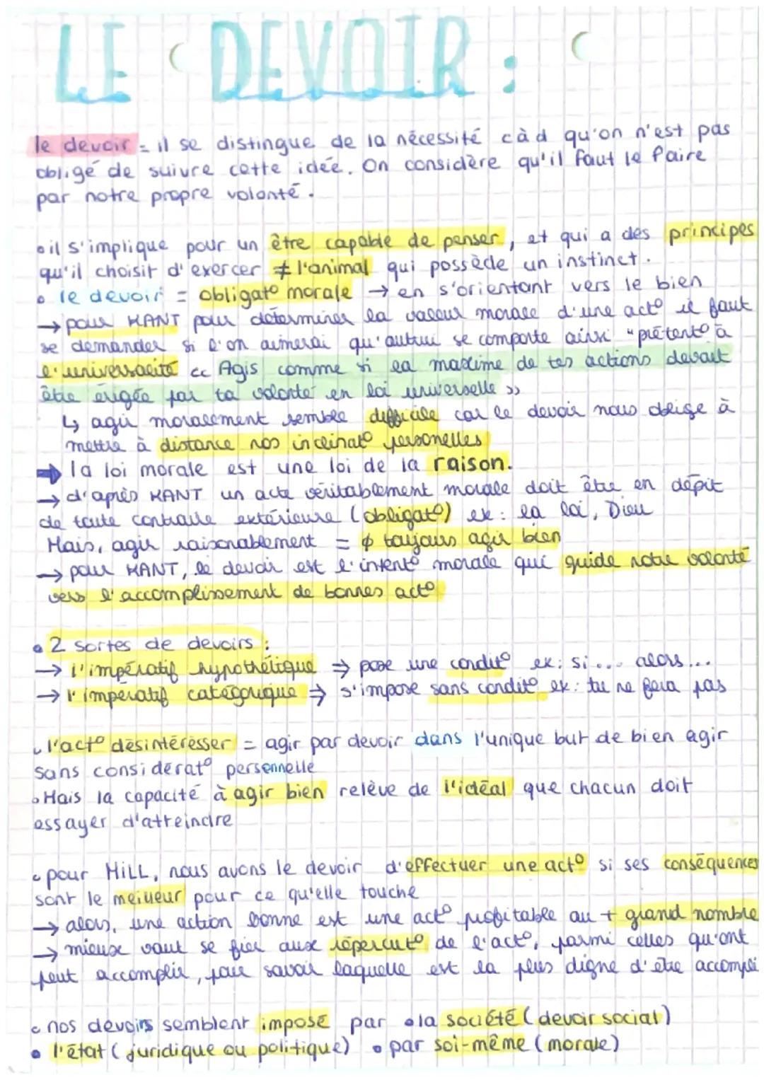 LE & DEVOIR
le devoir - il se distingue de la nécessité càd qu'on n'est pas
obligé de suivre cette idée. On considère qu'il faut le faire
pa