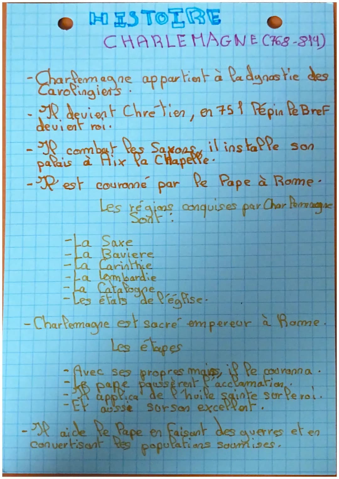 HISTOIRE
CHARLEMAGNE
(768-814)
-Charfemagne appartient à la dynastie des
Carolingien's
Il devient Chretien, en 751 Pépin le Bref
devient roi