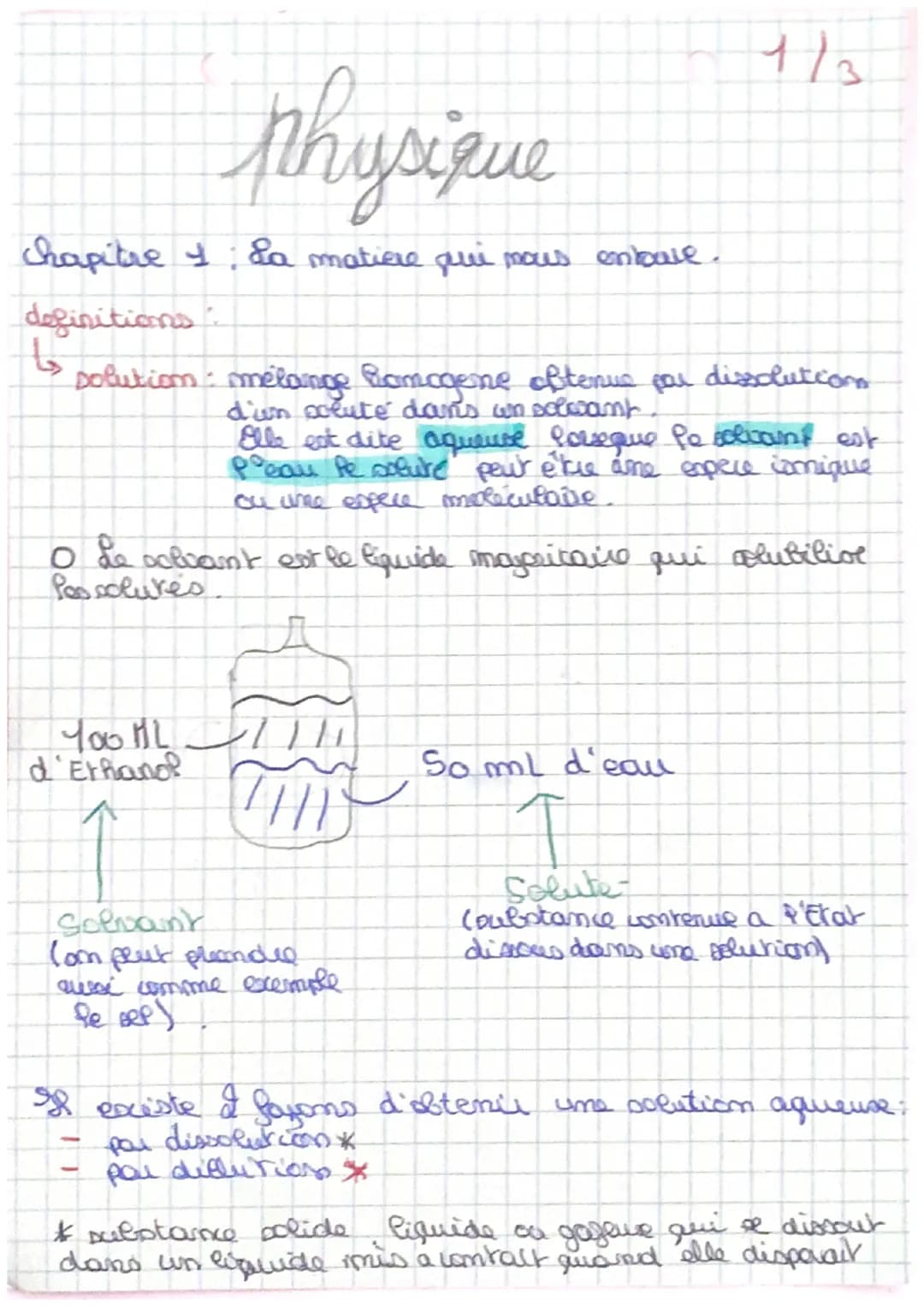 physique
chapitre I: La matiere qui nous emball.
1
definitions
solution : melange homogene oftenue for dissolution.
d'un clute dans un solco