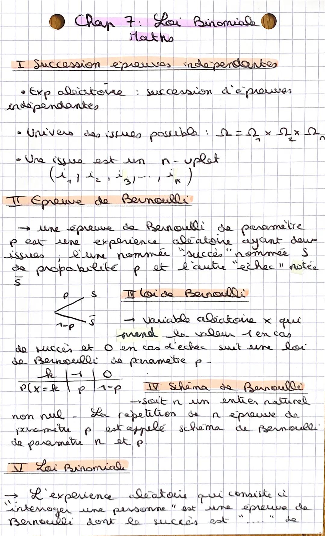 # Chap 7: Lai Binomiale
Maths

I Succession épreuves independantes

• Exp aléatoire : succession d'épreuves
independantes

• Univers des iss