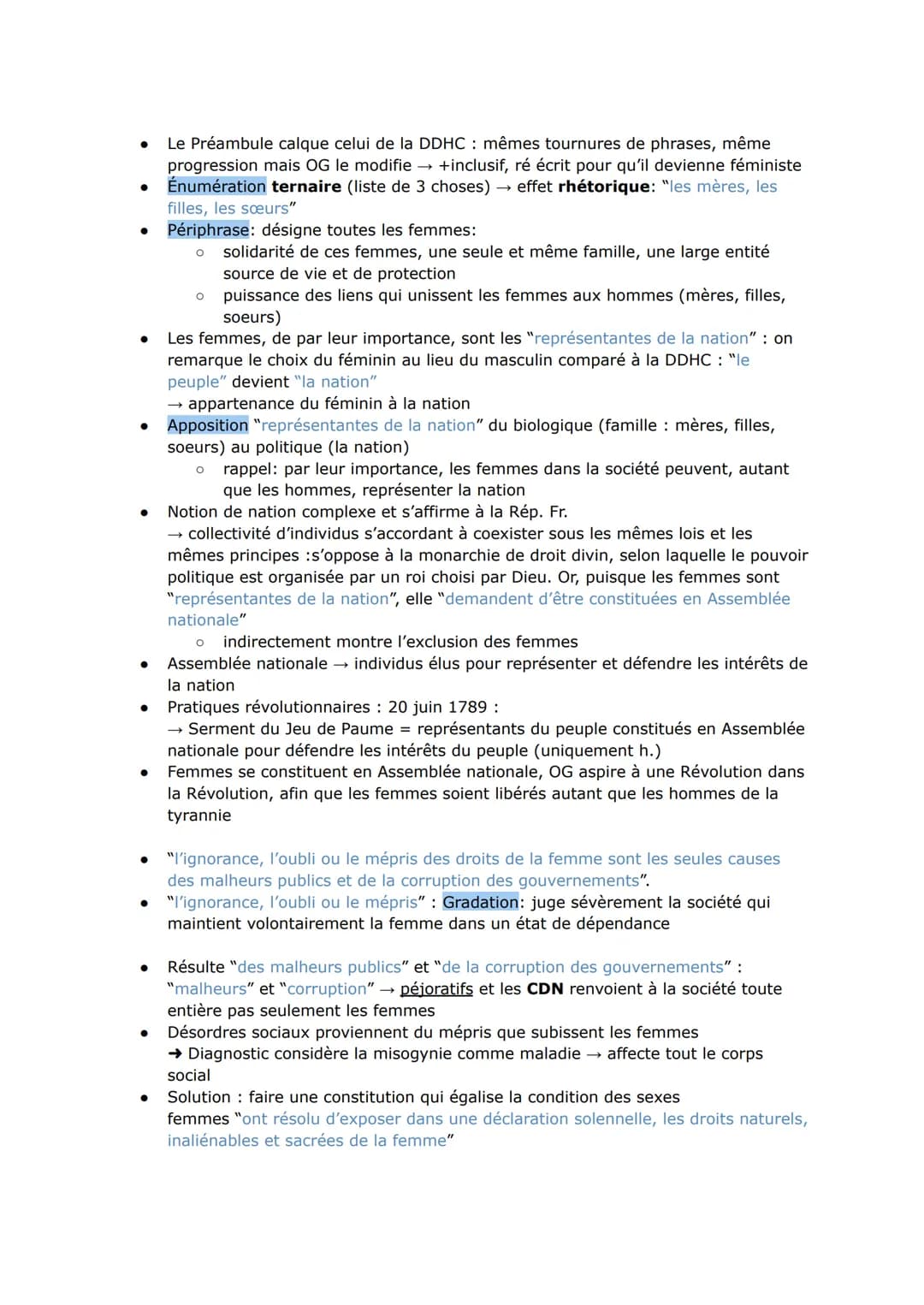 ●
●
●
Le Préambule calque celui de la DDHC : mêmes tournures de phrases, même
progression mais OG le modifie → +inclusif, ré écrit pour qu'i