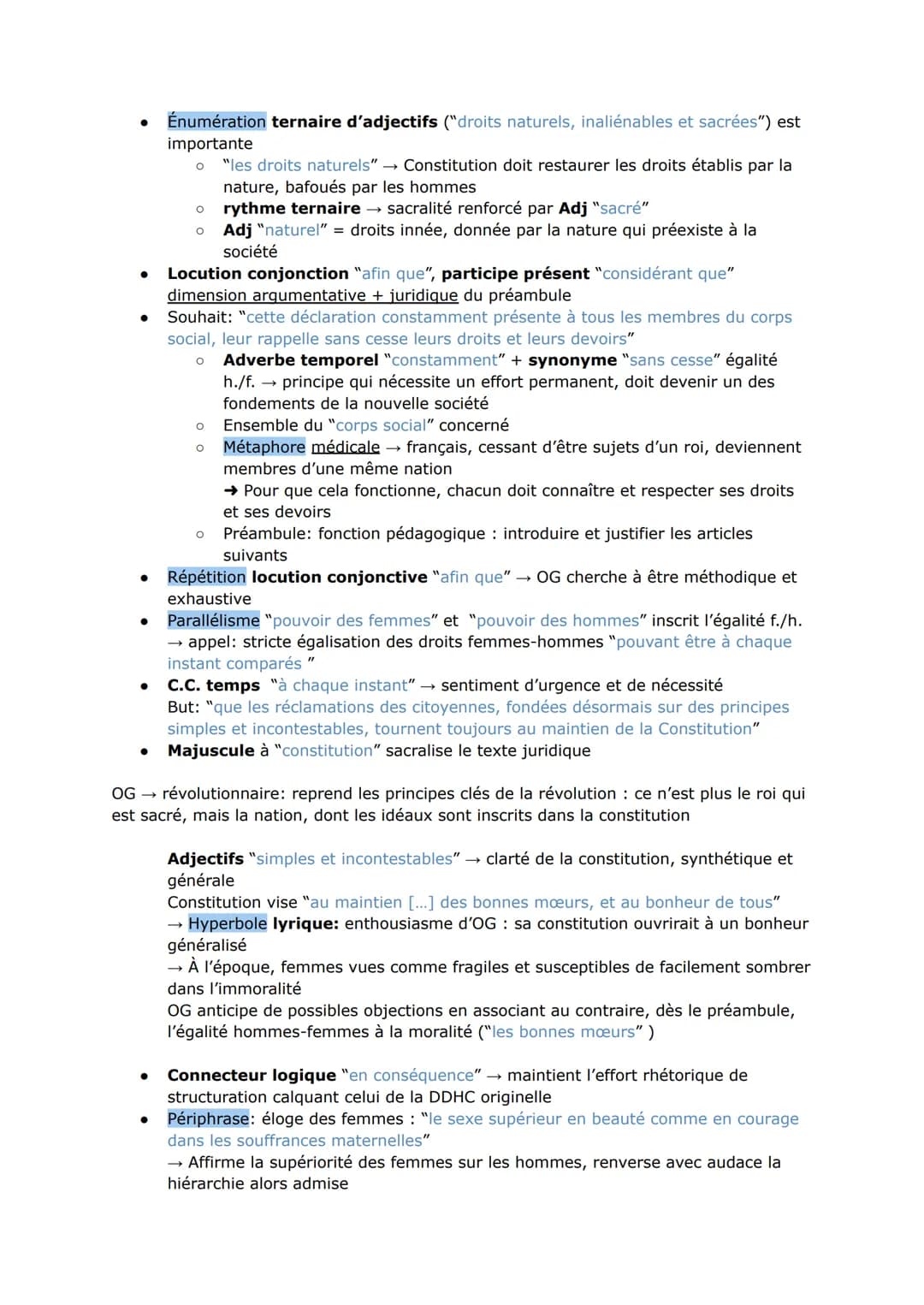 ●
●
●
Le Préambule calque celui de la DDHC : mêmes tournures de phrases, même
progression mais OG le modifie → +inclusif, ré écrit pour qu'i