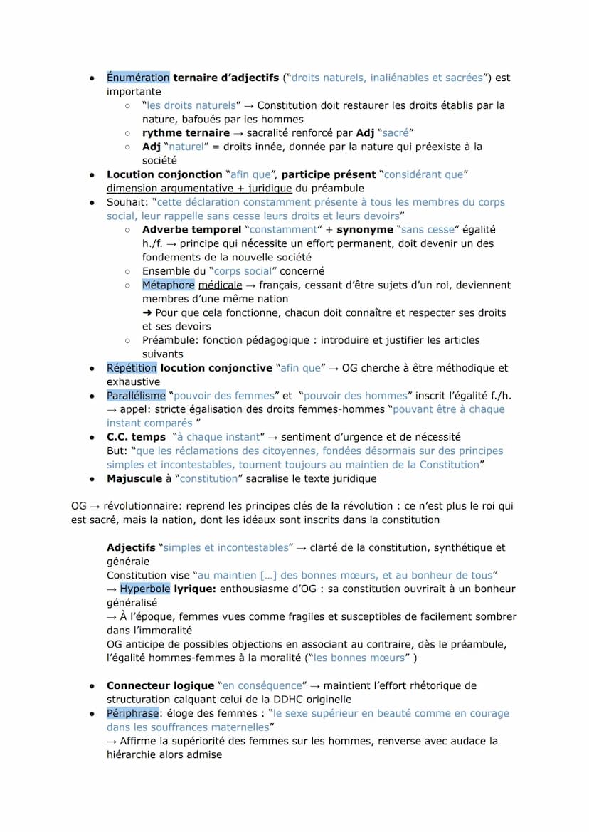 ●
●
●
Le Préambule calque celui de la DDHC : mêmes tournures de phrases, même
progression mais OG le modifie → +inclusif, ré écrit pour qu'i