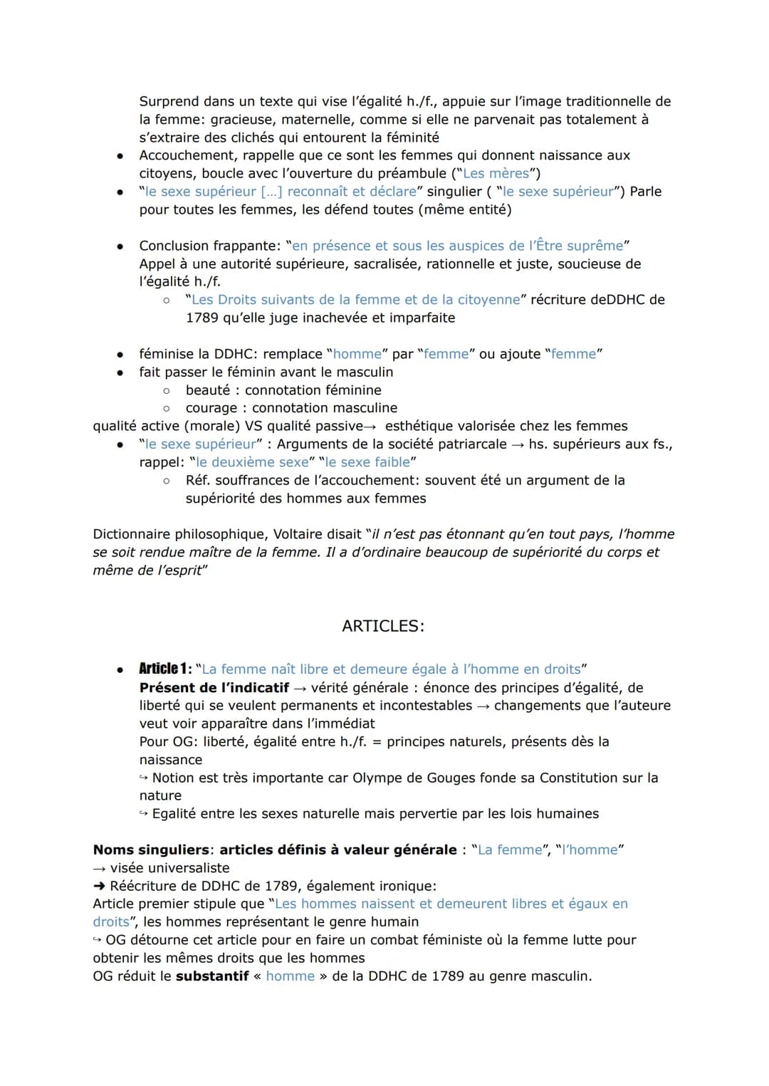 ●
●
●
Le Préambule calque celui de la DDHC : mêmes tournures de phrases, même
progression mais OG le modifie → +inclusif, ré écrit pour qu'i