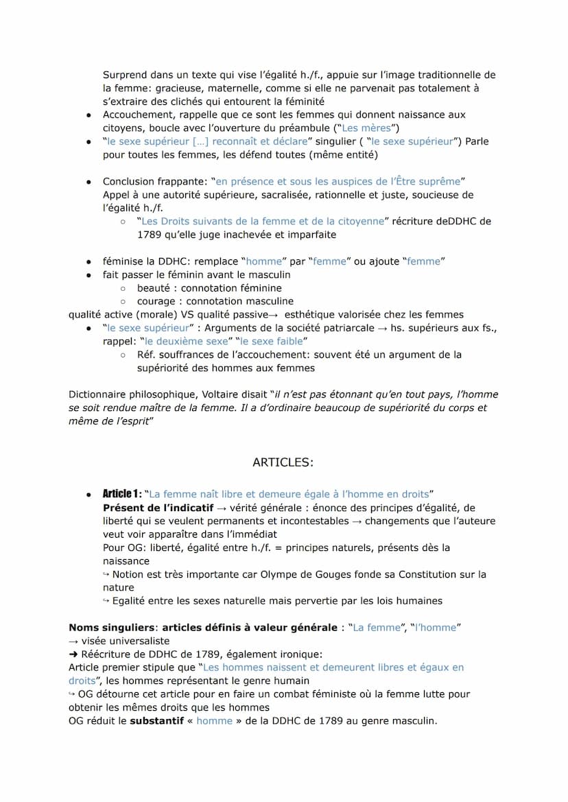 ●
●
●
Le Préambule calque celui de la DDHC : mêmes tournures de phrases, même
progression mais OG le modifie → +inclusif, ré écrit pour qu'i